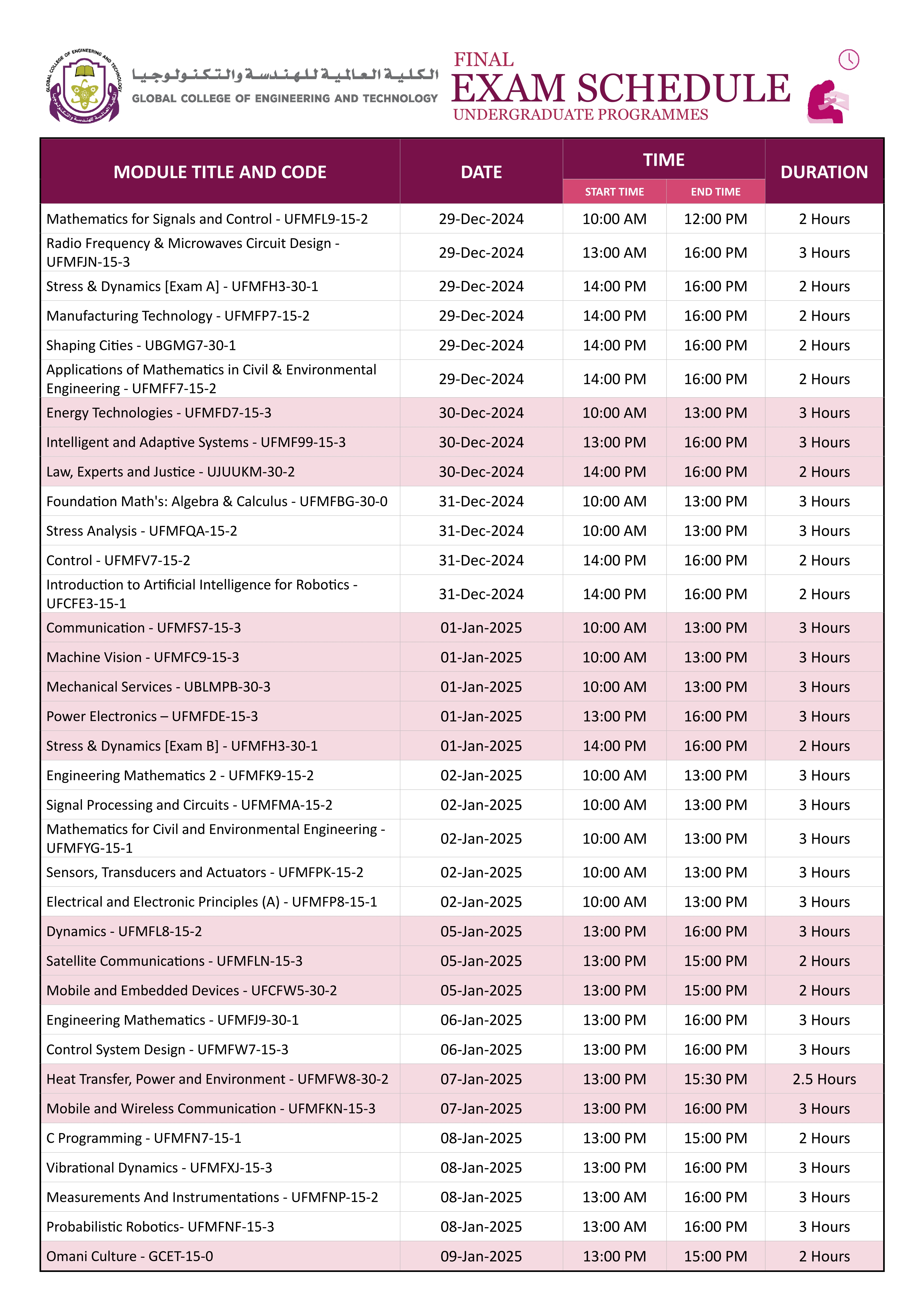 FINAL EXAM SCHEDULE FOR UNDERGRADUATE STUDENTS